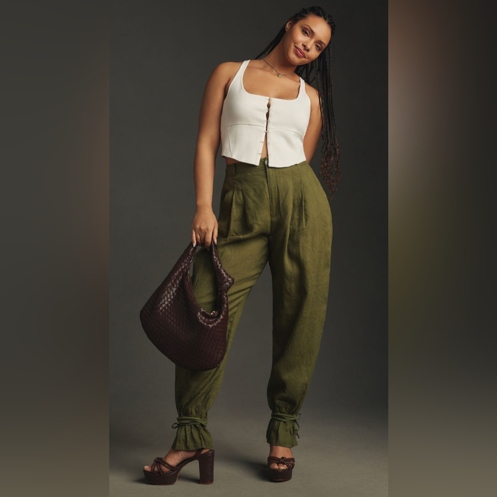 Anthropologie Ankle Tie Linen Trousers in Dark Olive Size 12